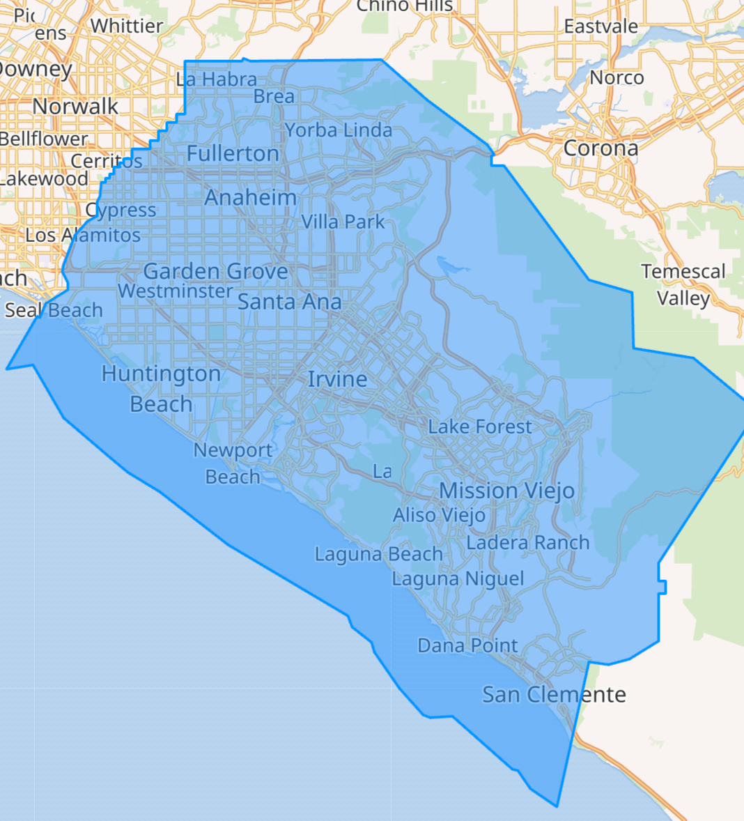 Map of Fleet Safety IQ's Orange County, CA service area