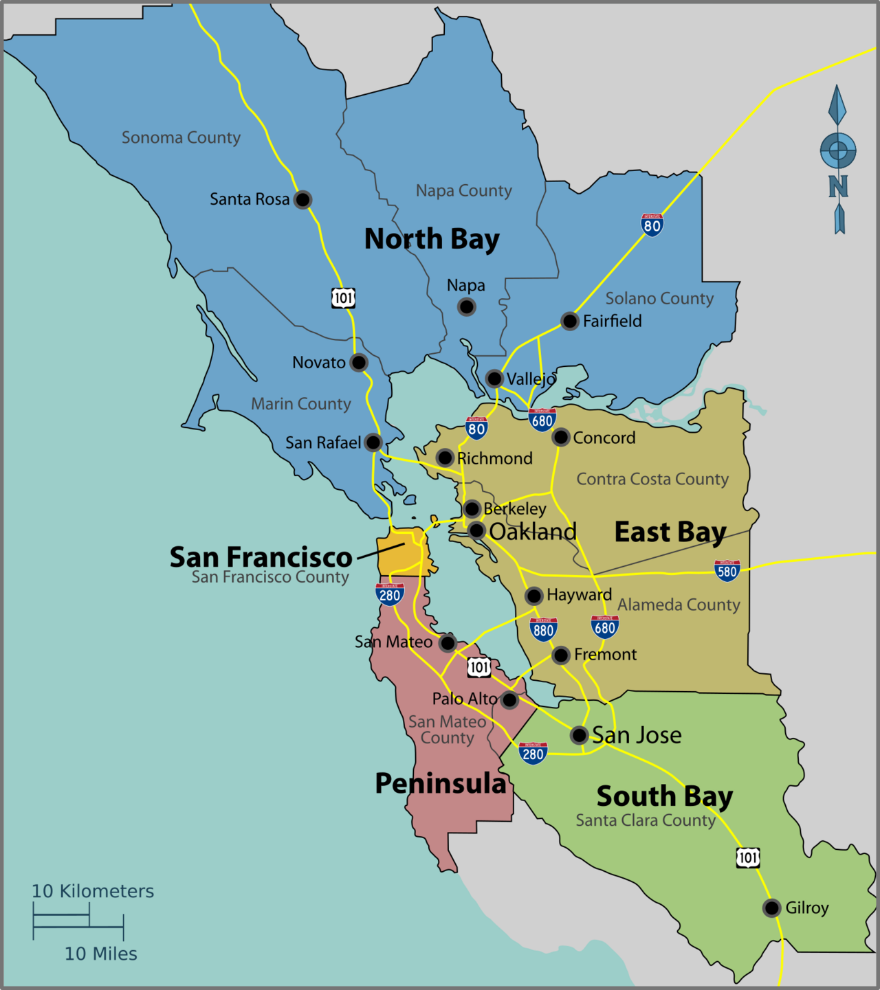 Map of Fleet Safety IQ's San Francisco Bay Area service area, showing North Bay, East Bay, Peninsula, and South Bay sub-regions